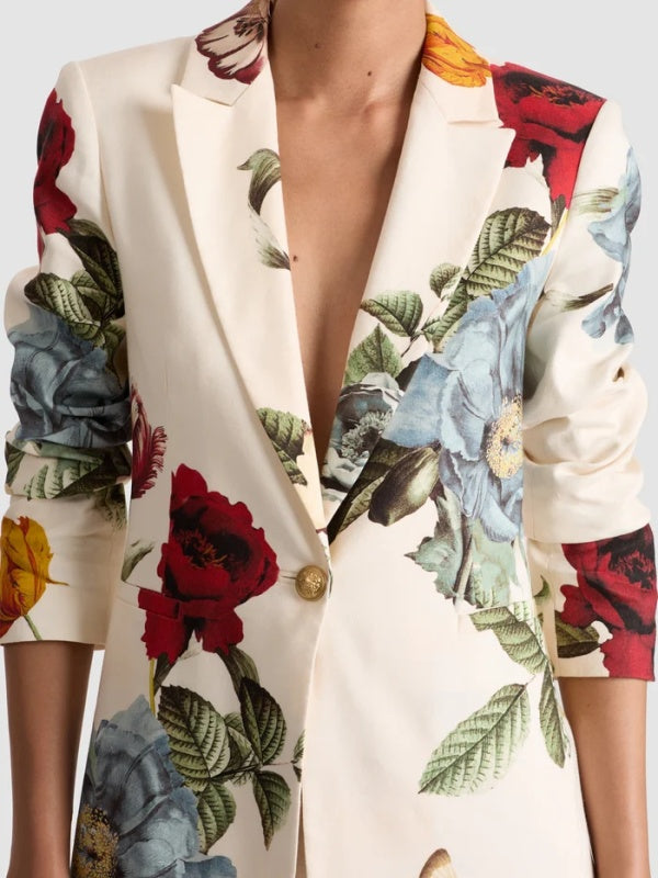 Long Sleeves Loose Buttoned Flower Print Pockets Notched Collar Blazer Outerwear