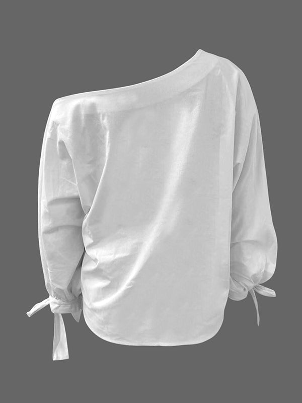 Long Sleeves Loose Asymmetric Solid Color Tied One-Shoulder Blouses&Shirts Tops