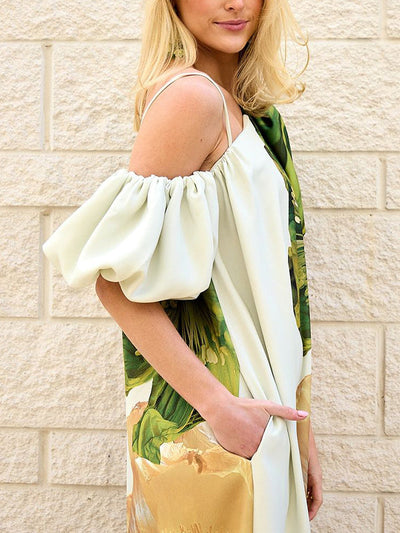 A-Line Loose Elasticity Flower Print One-Shoulder Maxi Dresses