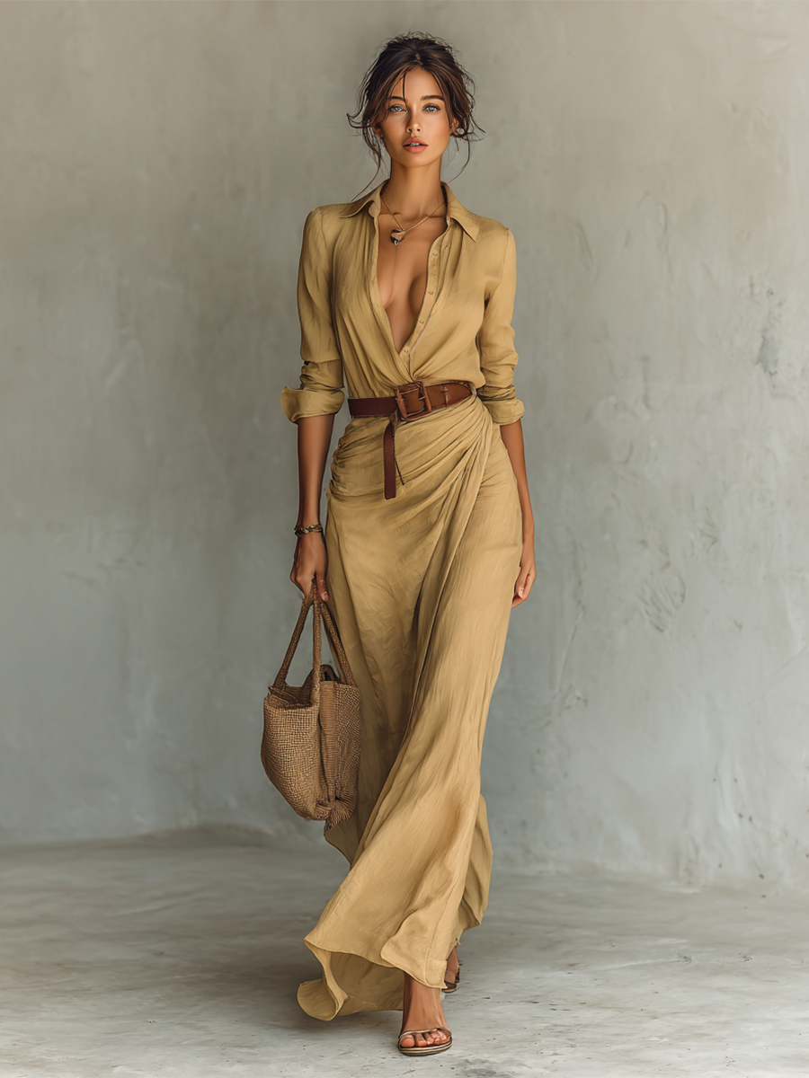 Isabella™ | Long dress with plunging neckline and waist belt