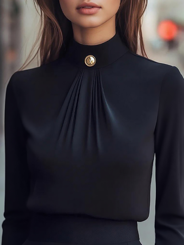 Long Sleeves Buttoned Pleated Solid Color Zipper Mock Neck Blouses&shirts Tops