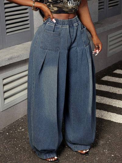 Loose Elasticity Pockets Solid Color Jean Pants Bottoms Trousers