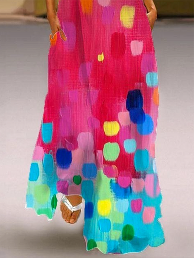 Loose Sleeveless Contrast Color Printed V-Neck Maxi Dresses