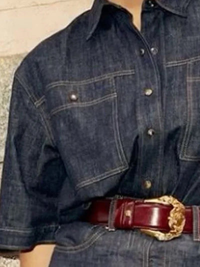 Half Sleeves Loose Buttoned Lapel Blouses&Shirts Tops