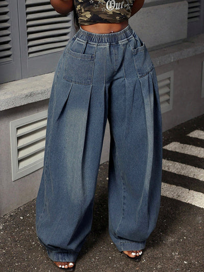 Loose Elasticity Pockets Solid Color Jean Pants Bottoms Trousers