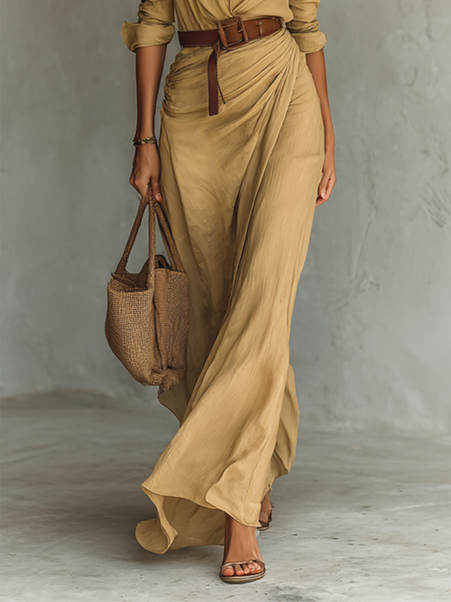 Isabella™ | Long dress with plunging neckline and waist belt