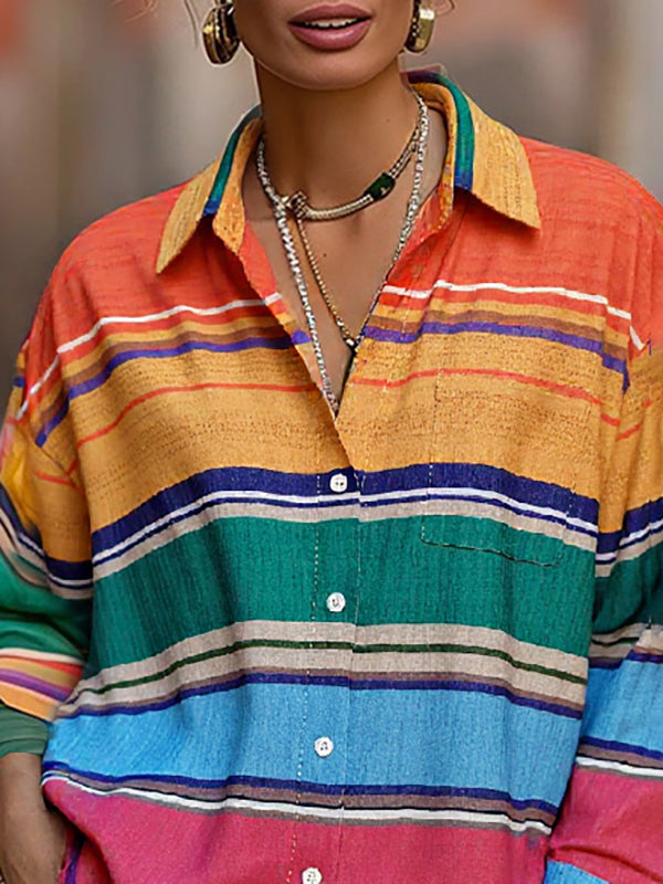 Long Sleeves Loose Buttoned Contrast Color Lapel Blouses&Shirts Tops