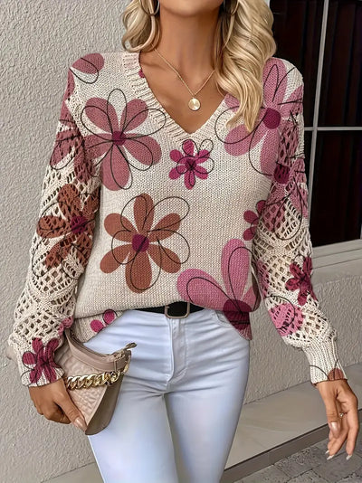 Marzena - Elegant Long Sleeve Sweater With Floral Print