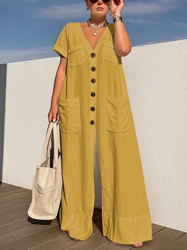 Loose Short Sleeves Buttoned Pockets Solid Color V-Neck Jumpsuits