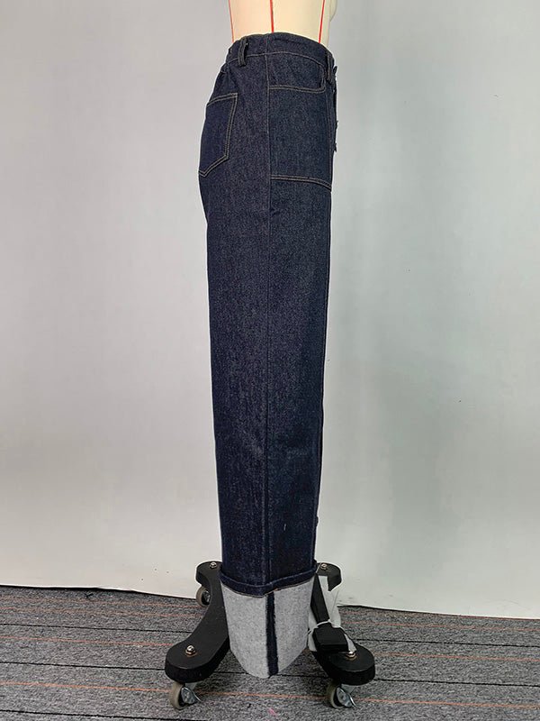 High Waisted Straight Leg Contrast Color Split-Joint Jean Pants Bottoms