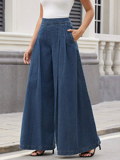 Loose Wide Leg Pleated Pockets Solid Color Jean Pants Bottoms Trousers