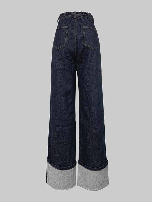High Waisted Straight Leg Contrast Color Split-Joint Jean Pants Bottoms