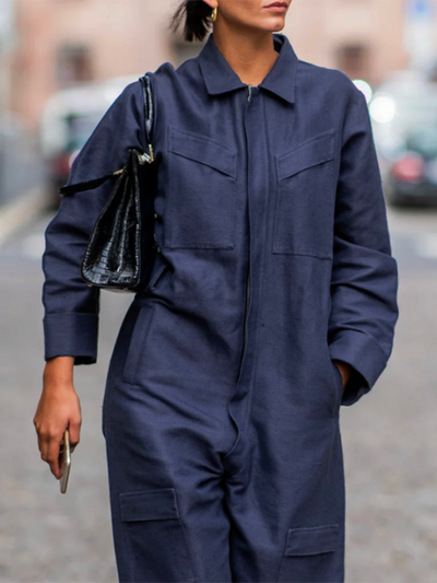 Long Sleeves Loose Solid Color Zipper Lapel Jumpsuits