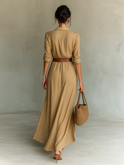 Isabella™ | Long dress with plunging neckline and waist belt
